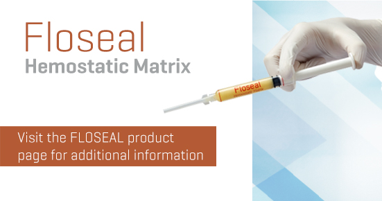 Image of gloved hand holding Floseal in a syringe next to the Floseal logo